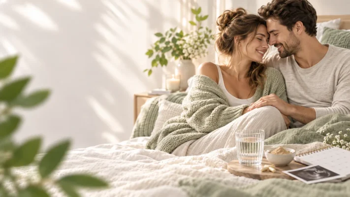 Un couple dans un moment d’intimité sur un lit, près d’un verre d’eau et de compléments alimentaires.